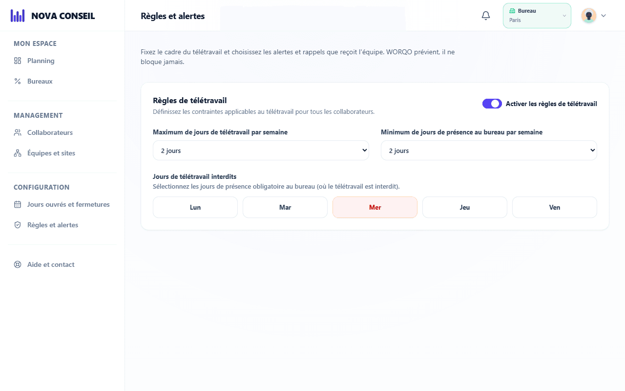 Réglage des règles de télétravail dans WORQO